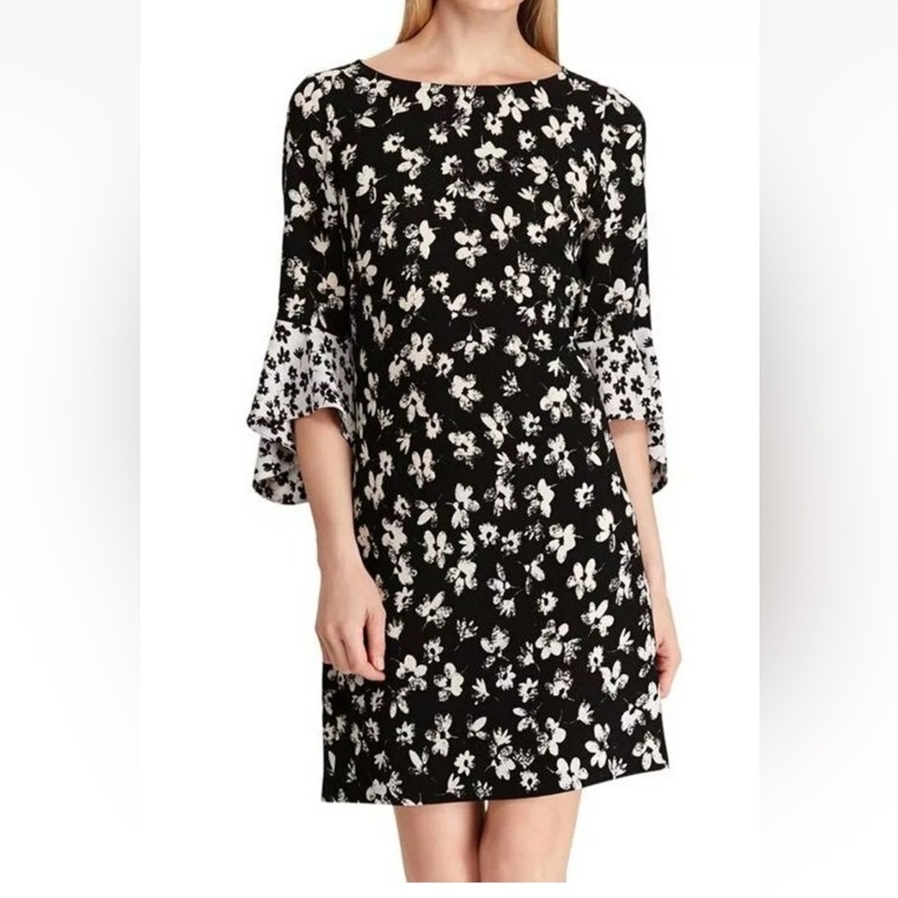 AMERICAN LIVING Women's Celinda Black White Floral Printed Bell Sleeve Dress
